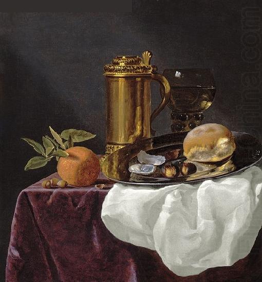 Bread and an Orange resting on a Draped Ledge, simon luttichuys